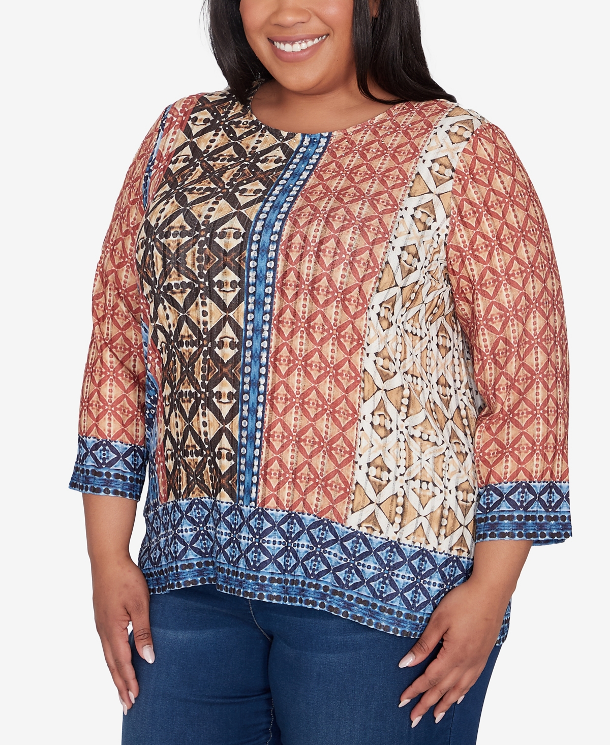 Alfred Dunner Plus Size Harvest Moon Batik Textured Border Top