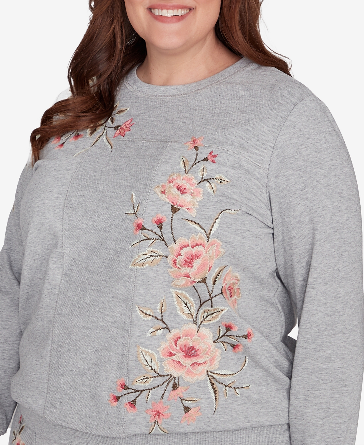 Alfred Dunner Plus Size Casual Fridays Floral Embroidered Long Sleeve Top