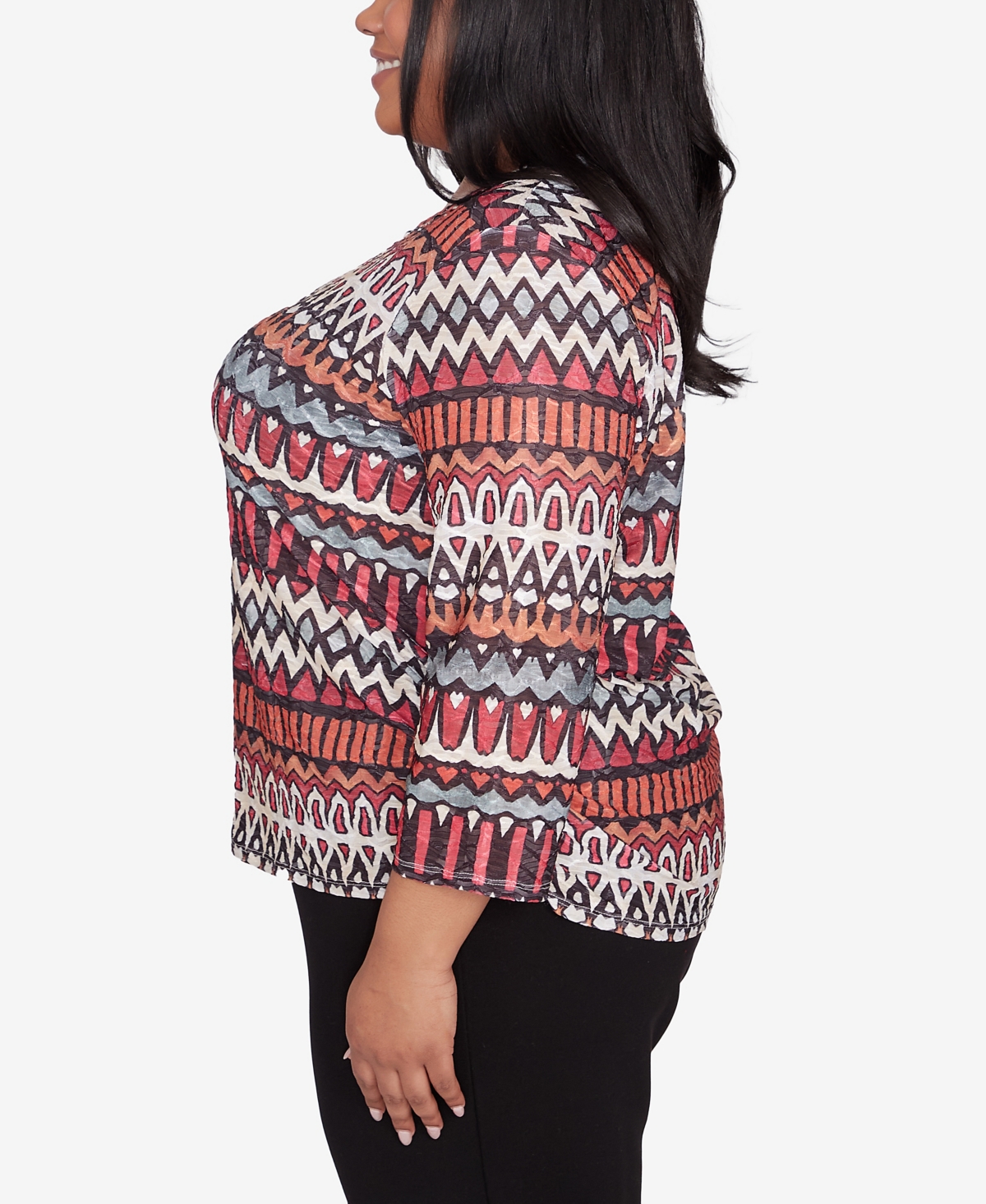 Alfred Dunner Plus Size Runway Ready Geometric Crew Neck Ruched Side Top In Multi Red