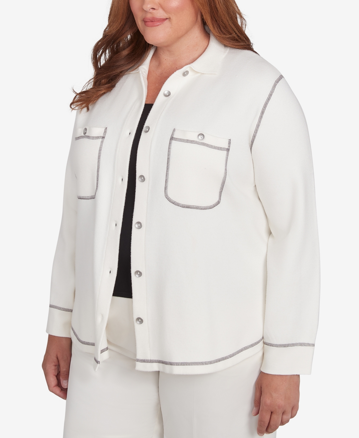 Alfred Dunner Plus Size Copenhagen Button Up Shirt Jacket In Winter White