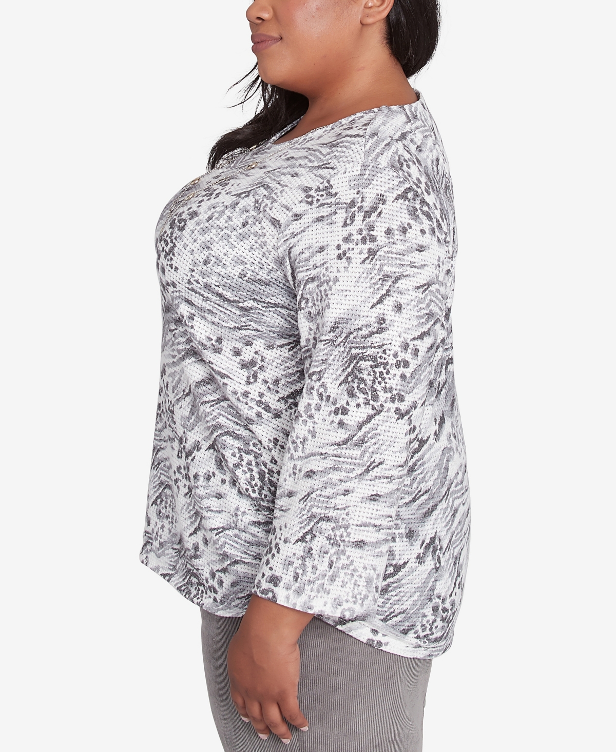 Alfred Dunner Plus Size Copenhagen Monotone Gray Animal Print Top