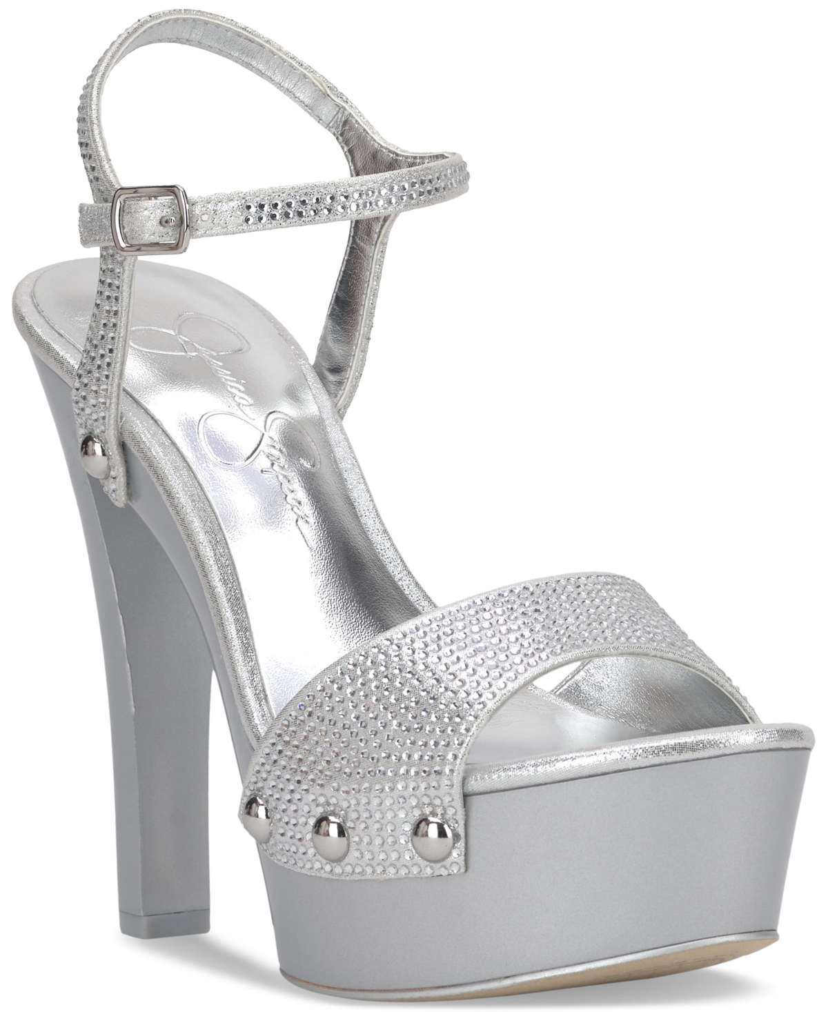 Jessica Simpson Calenta 2 Womens Rhinestone Faux Leather Platform Heels In Silver Rhinestone