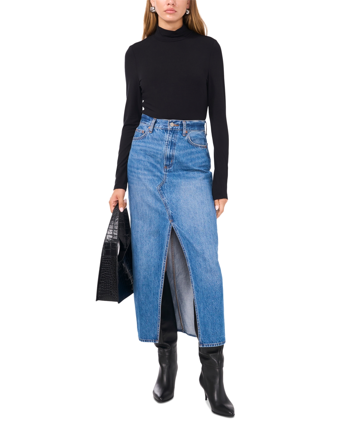 1.state Women's High-Neck Long-Sleeve Zip-Back Top