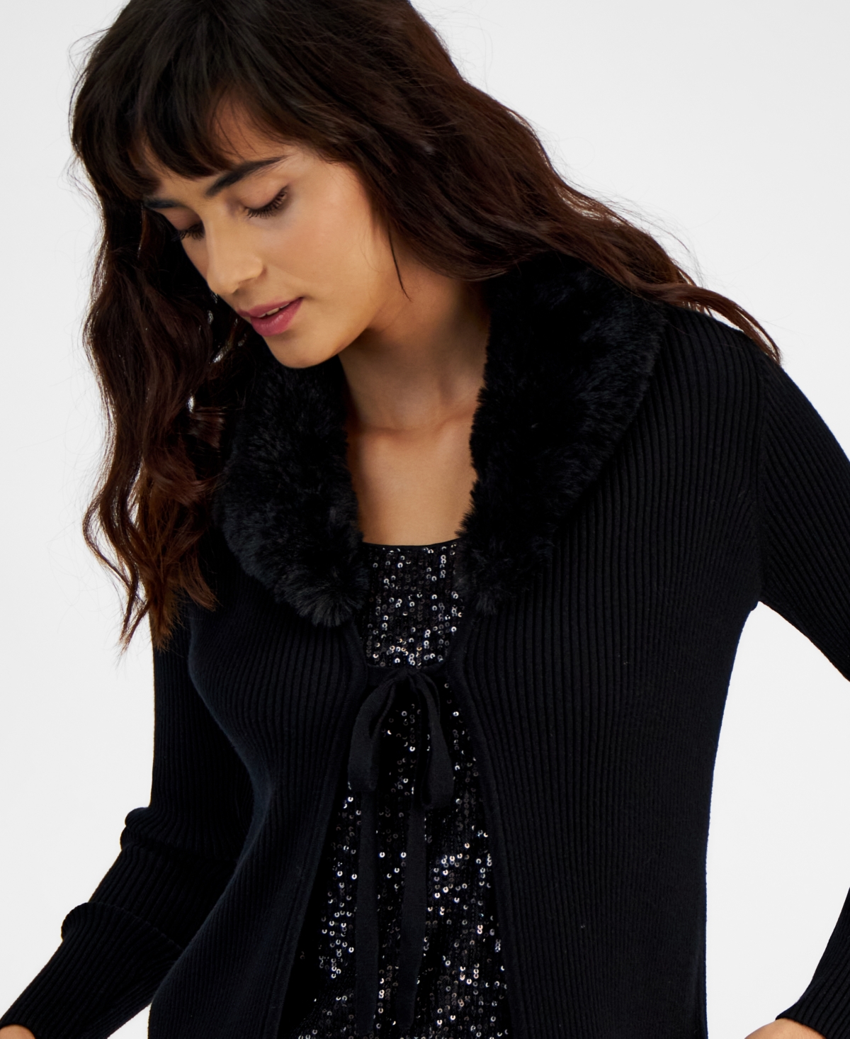 Bar Iii Women's Faux Fur Collar Ribbed Knit Cardigan, Created for Macy's