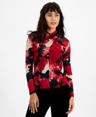 Bar III - Women's Printed Twist-Neck Long-Sleeve Mesh Top, Created for Macy's