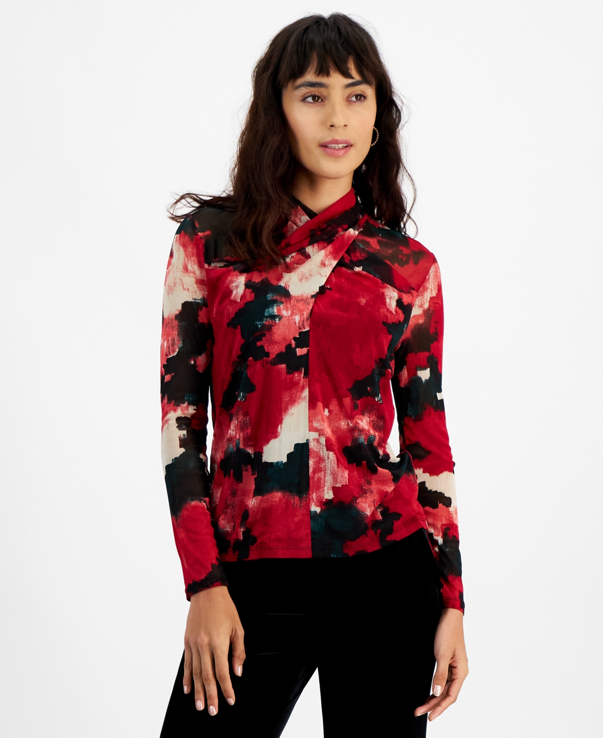 Bar Iii Women's Printed Twist-neck Long-sleeve Mesh Top, Created For Macy's In Pomegranate