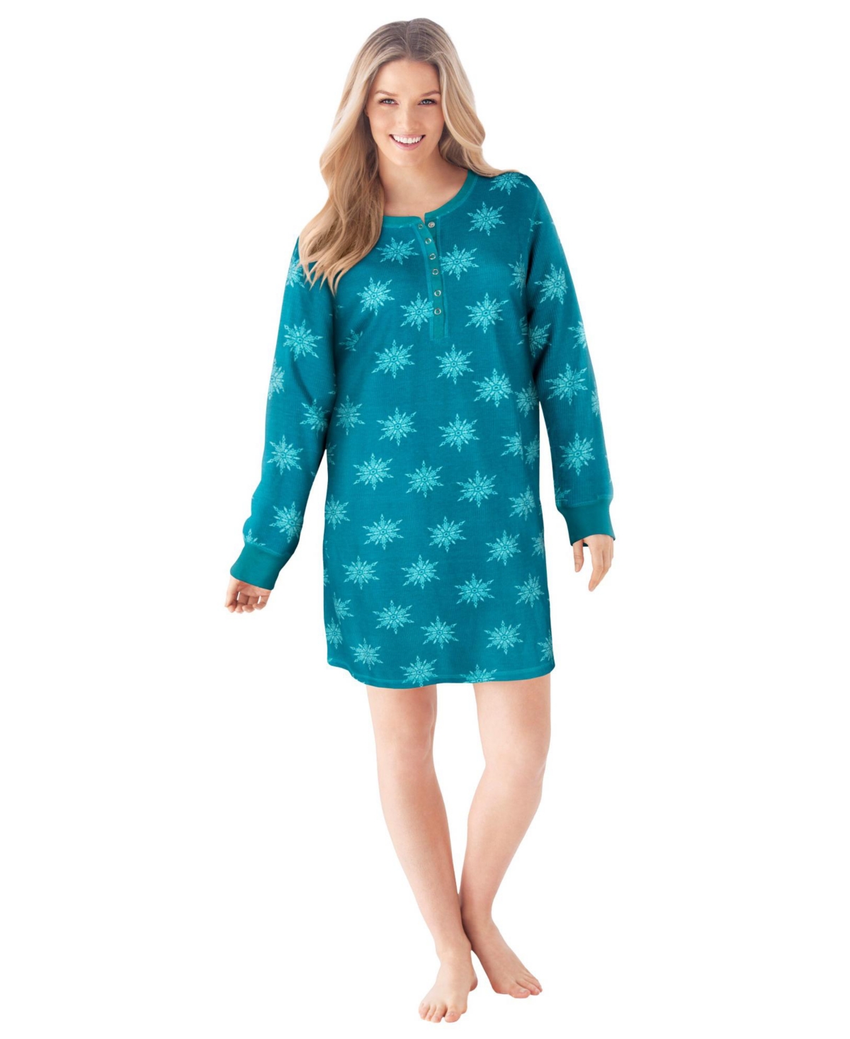 Women's Plus Size Thermal Henley Sleepshirt - Dark turq snowflakes