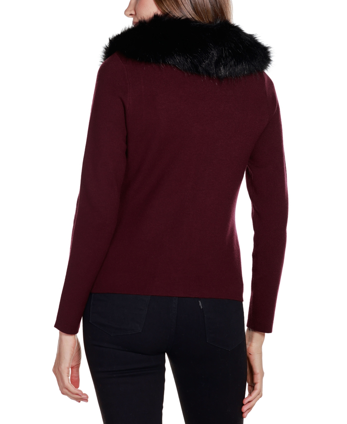 Belldini Women's Black Label Faux Fur Collar Short Zip Cardigan Sweater