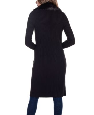 Black Label Women's Ribbed Faux-Fur Collar Duster Cardigan Sweater