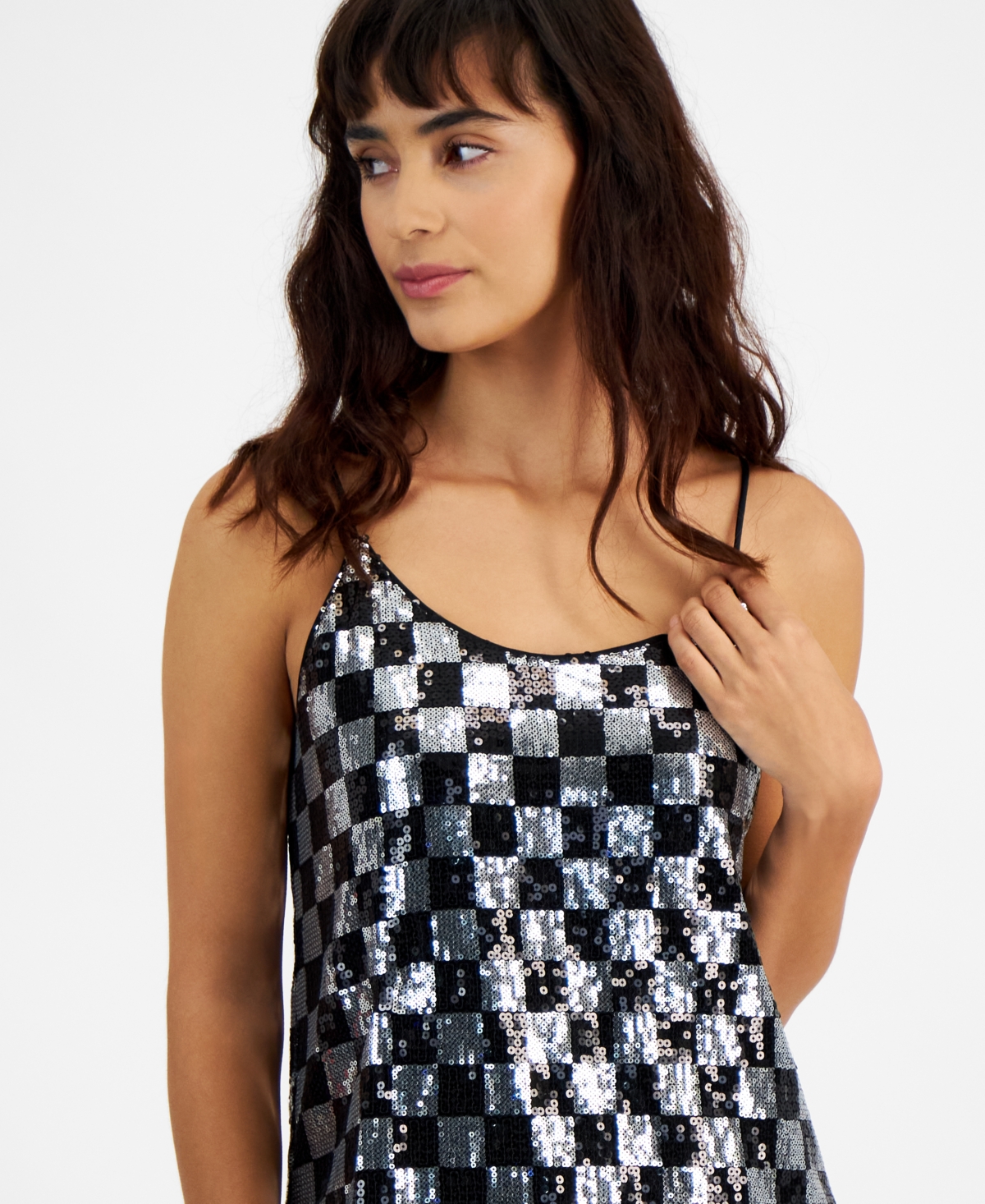 Bar Iii Women's Checkerboard Sequin Sleeveless Top, Created for Macy's -SILVER