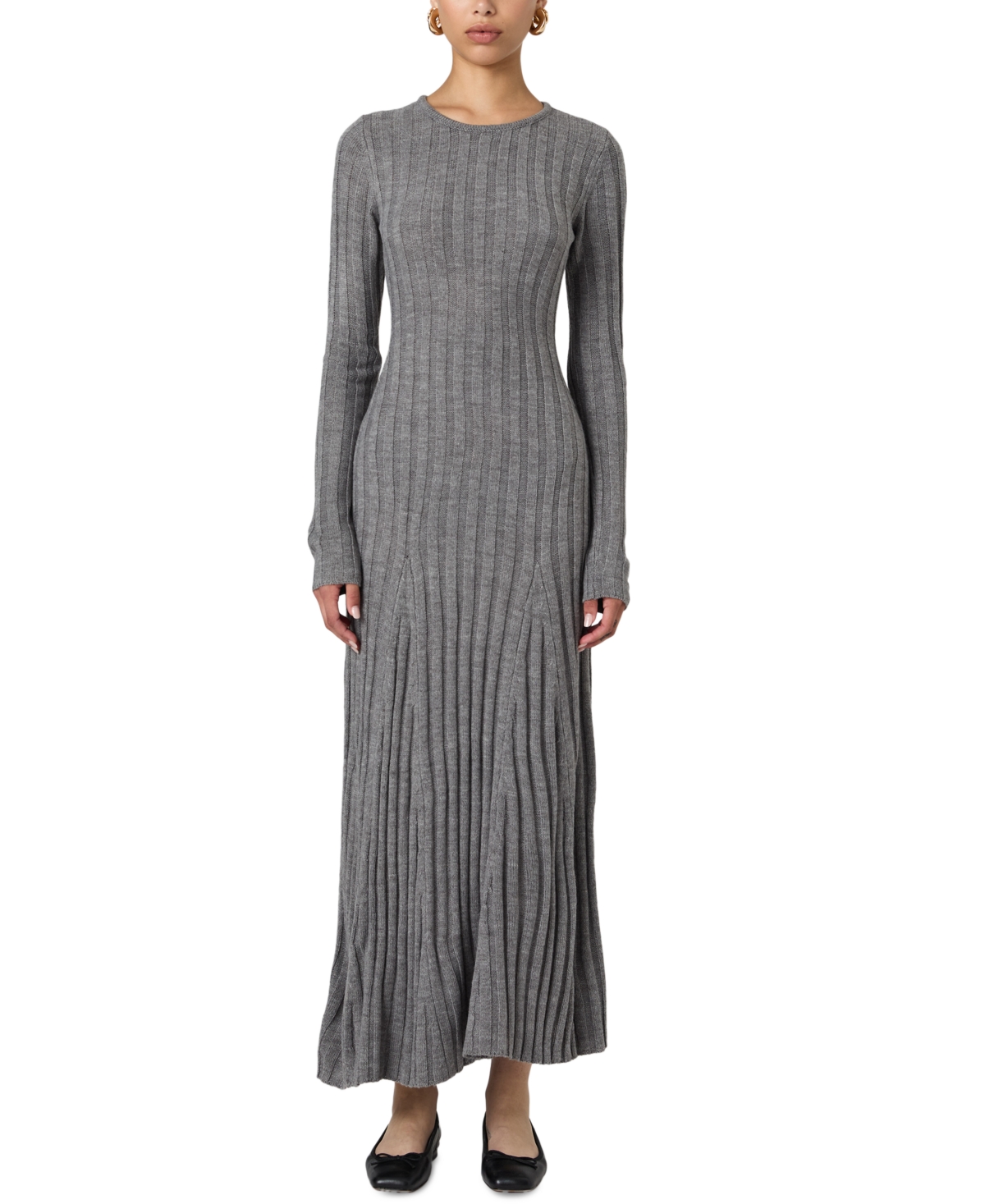 French Connection Long Sleeve Rib Maxi Sweater Dress In Mid Grey Melange