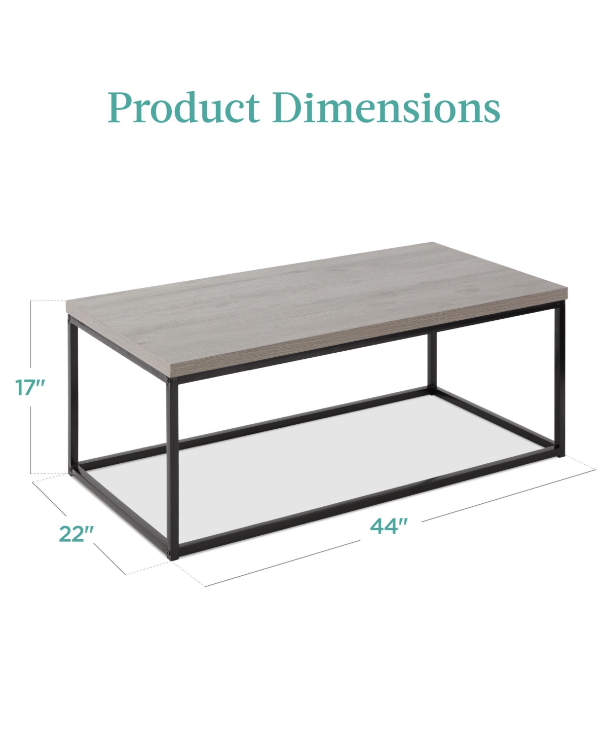 Best Choice Products 44in Rustic Modern Industrial Style Rectangular Wood Grain Top Coffee Table w/ 1.25in Top