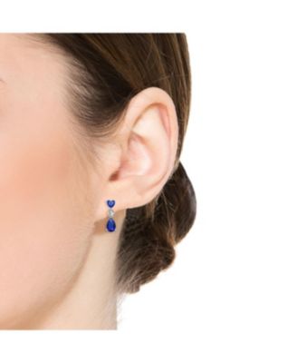 Sterling Silver White Gold plated with Blue & White Cubic Zirconia Three-Stone Linear Dangle Earrings