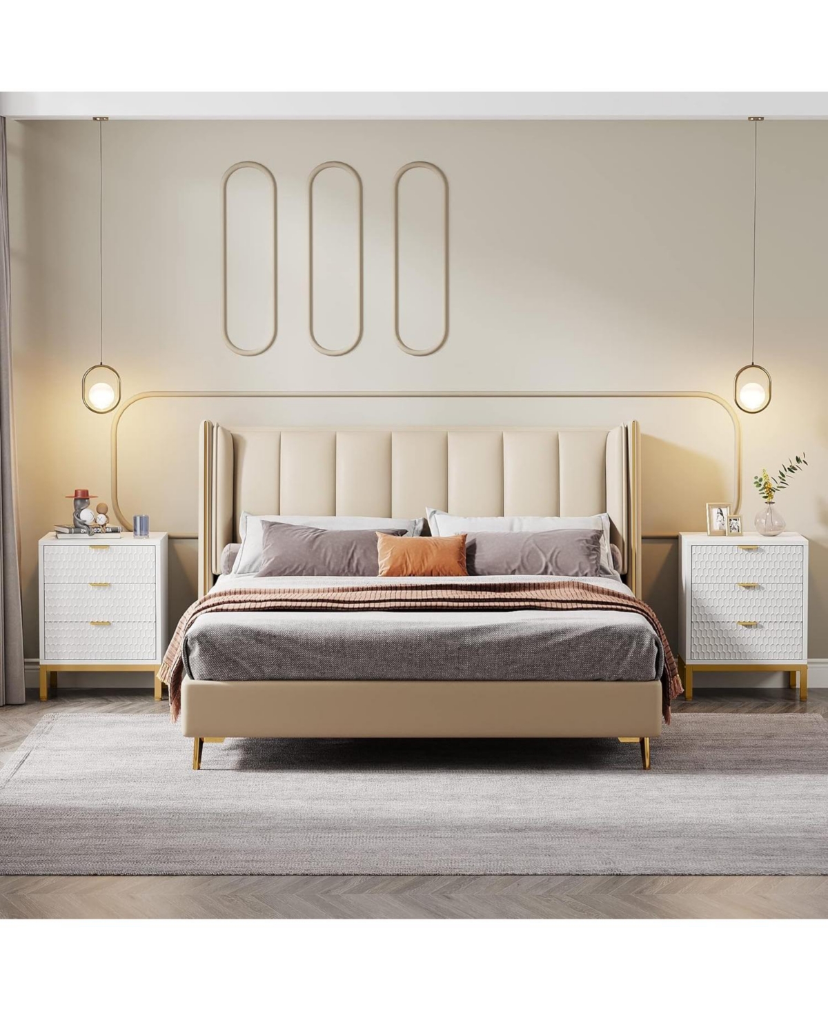 Tribesigns 3-Drawer Nightstand Set of 2, Tall Modern Bedside Table, Large Side End Table with Storage Drawers for Bedroom - White and gold