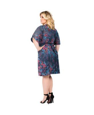 Plus Size Floral-Print V-Neck Kimono Wrap Midi Dress