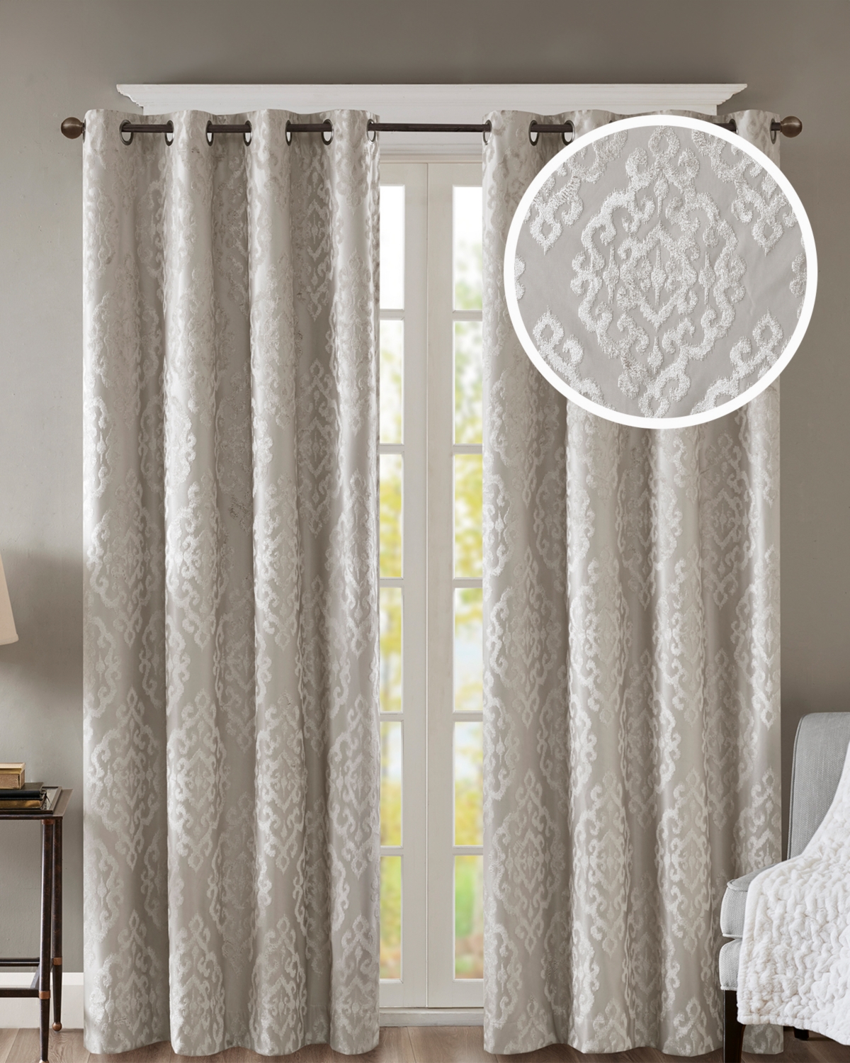 Mirage Knitted Jacquard Damask Total blackout curtains for bedroom, Silver grommet top fit up to 1.25 inches rod Single Curtain Panel for Living Room,