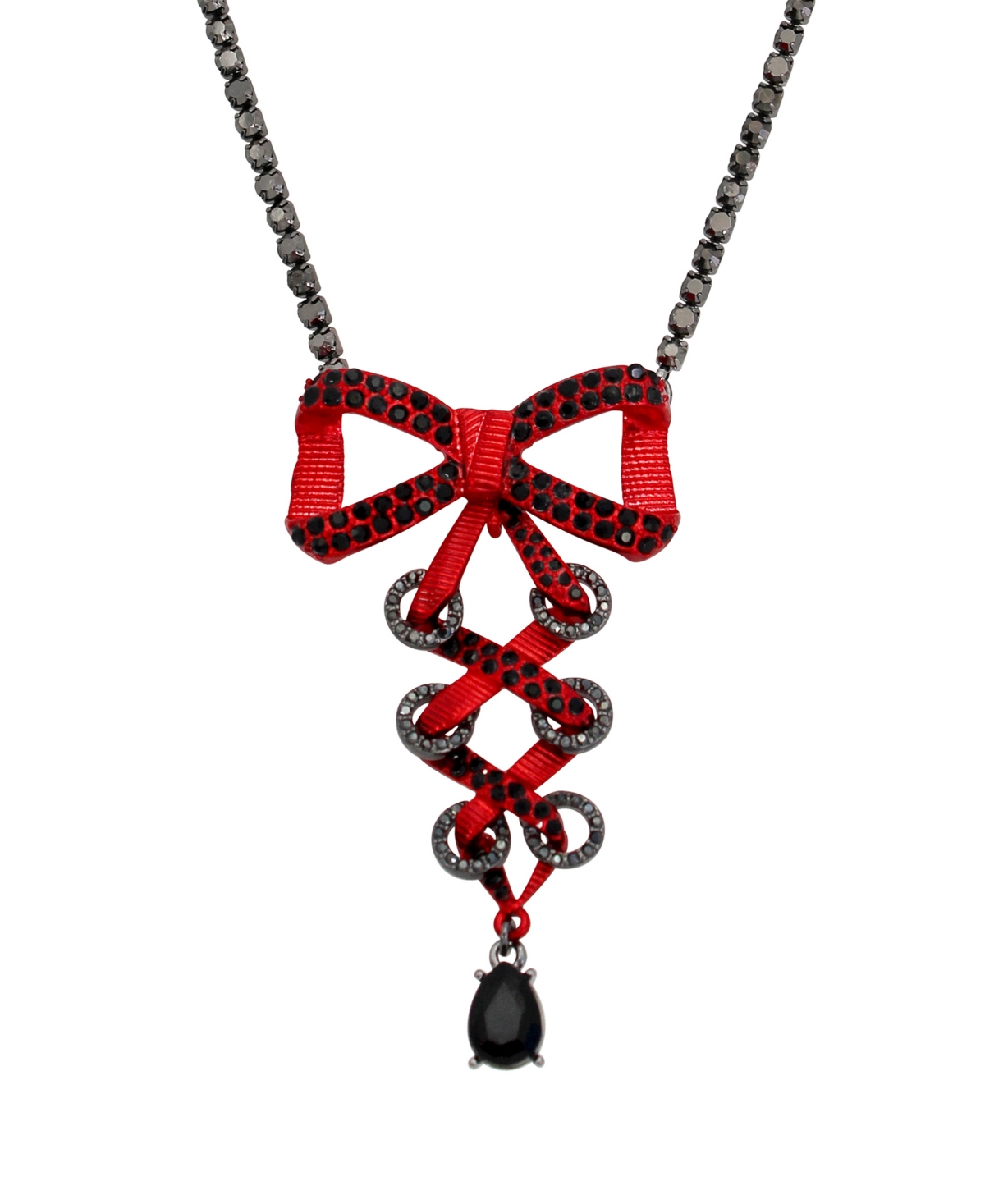Betsey Johnson Faux Stone Fancy Bow Corset Pendant Necklace -Hematite