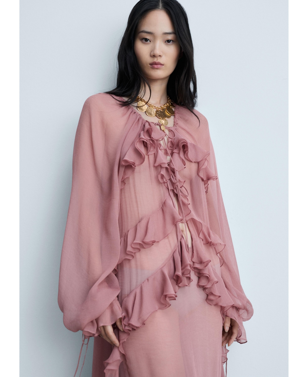 Mango Women's Ruffles Detail Semi-Sheer Chiffon Dress