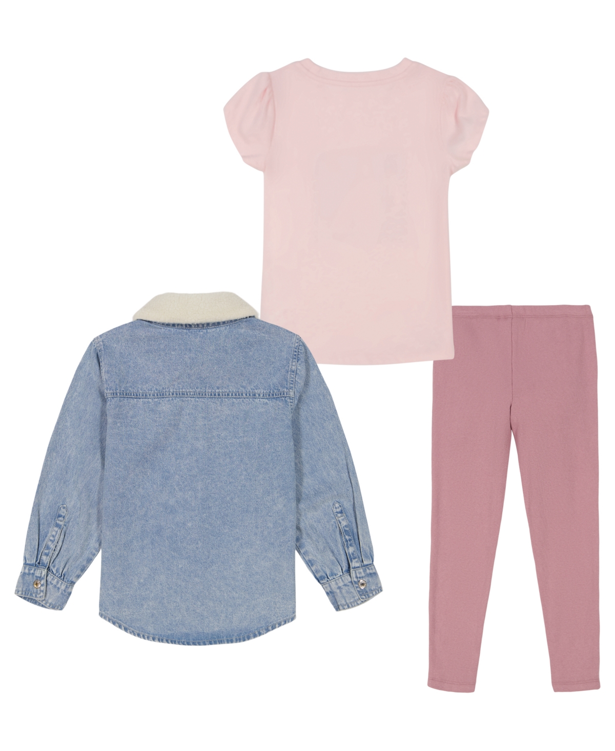 CALVIN KLEIN TODDLER AND LITTLE GIRLS SHERPA-TRIM DENIM SHACKET, SHORT SLEEVE MONOGRAM TEE RIBBED LEGGINGS, 3-PIE 