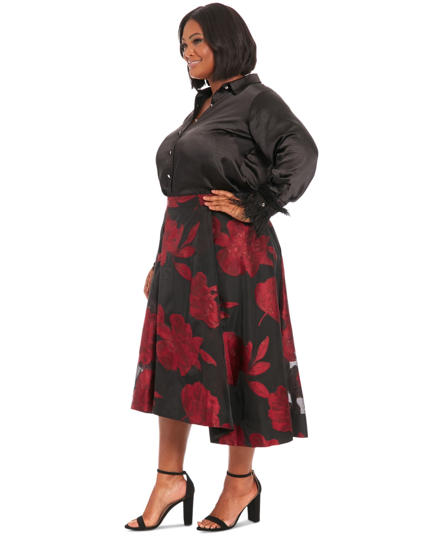 Женская юбка Muse Plus Size Pleated Floral-Print Organza, цвет: Чёрный красный — фото 6