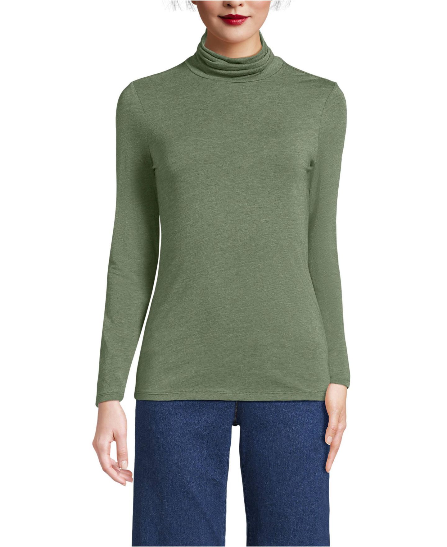 Женский топ Lands' End Lightweight Jersey Long Sleeve Turtleneck, цвет: Зелёный меланжевый — фото 1