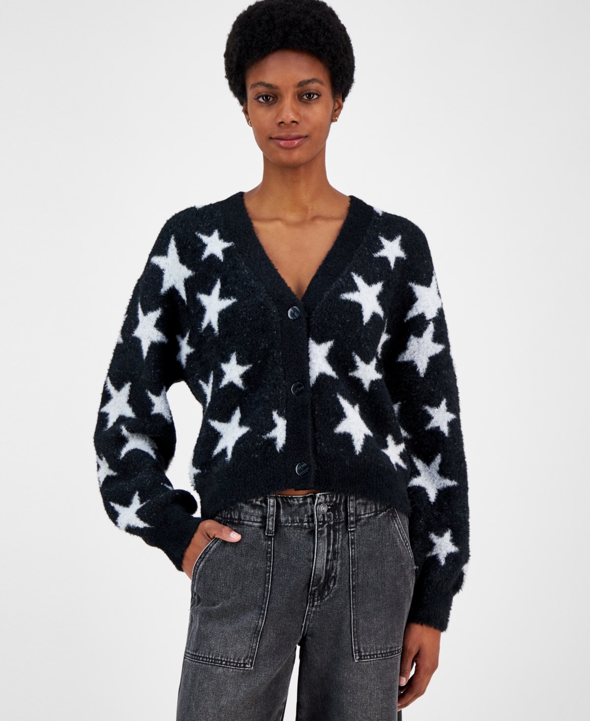 Juniors' Novelty Eyelash Button-Front Sweater - Black Star Combo
