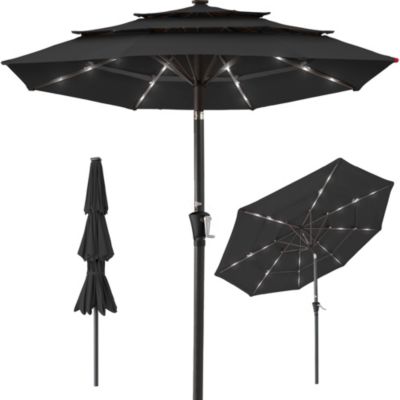  3-Tier Solar Patio Umbrella  24 LED Lights, Tilt Adjustment, Easy Crank