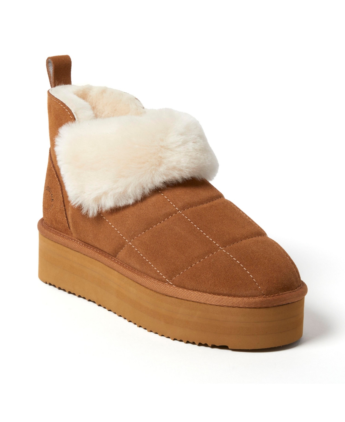 Fireside by Dearfoams Women's Bayswater Genuine Shearling Quilted Platform Bootie - Chestnut