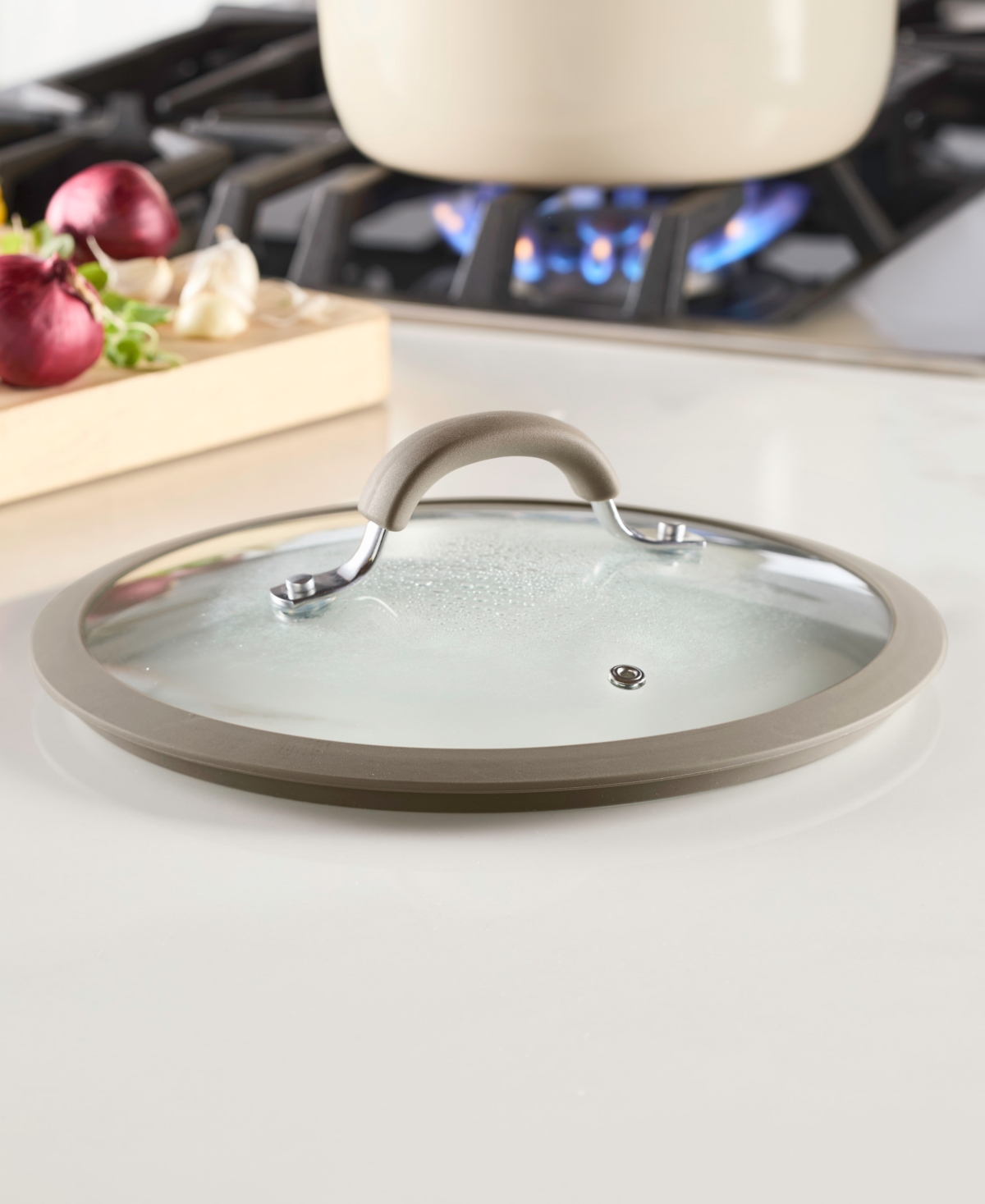 RACHAEL RAY COOK + CREATE 10" SILICONE-RIMMED GLASS LID, TAUPE 