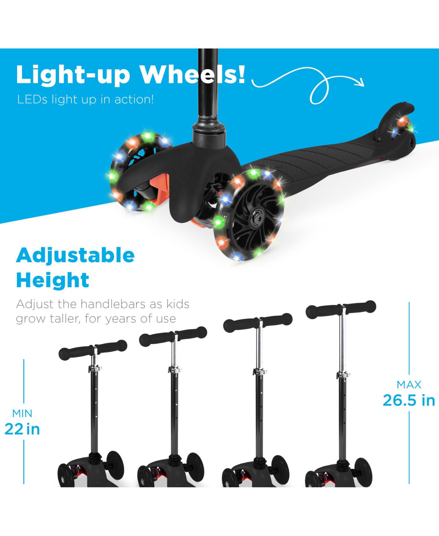 Детская игрушка Best Choice Products Mini Kick Scooter with Light-Up Wheels, Height Adjustable, Three-Wheel, 88 lbs Capacity, Ages 3+, цвет: Чёрный — фото 6