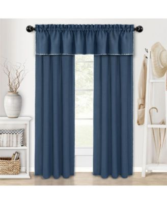 Complete Coastal Hamptons Living Rod Pocket Textured Semi Sheer 3 Piece Window Curtain & Valance Set - 84 in. Long - Navy
