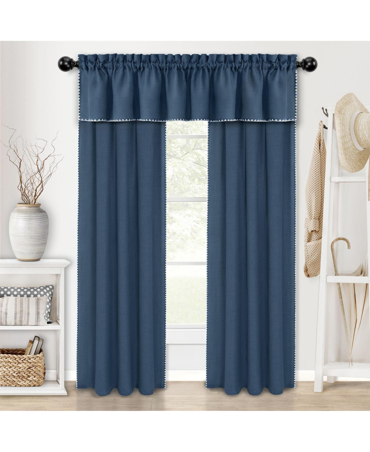 Kate Aurora Complete Coastal Hamptons Living Rod Pocket Textured Semi Sheer 3 Piece Window Curtain & Valance Set - in. Long -- Navy