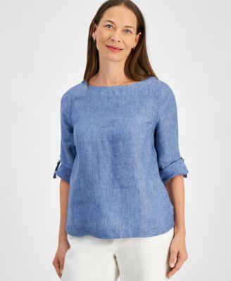 Charter Club - Petite Linen Scoop-Neck Roll-Tab-Sleeve Top