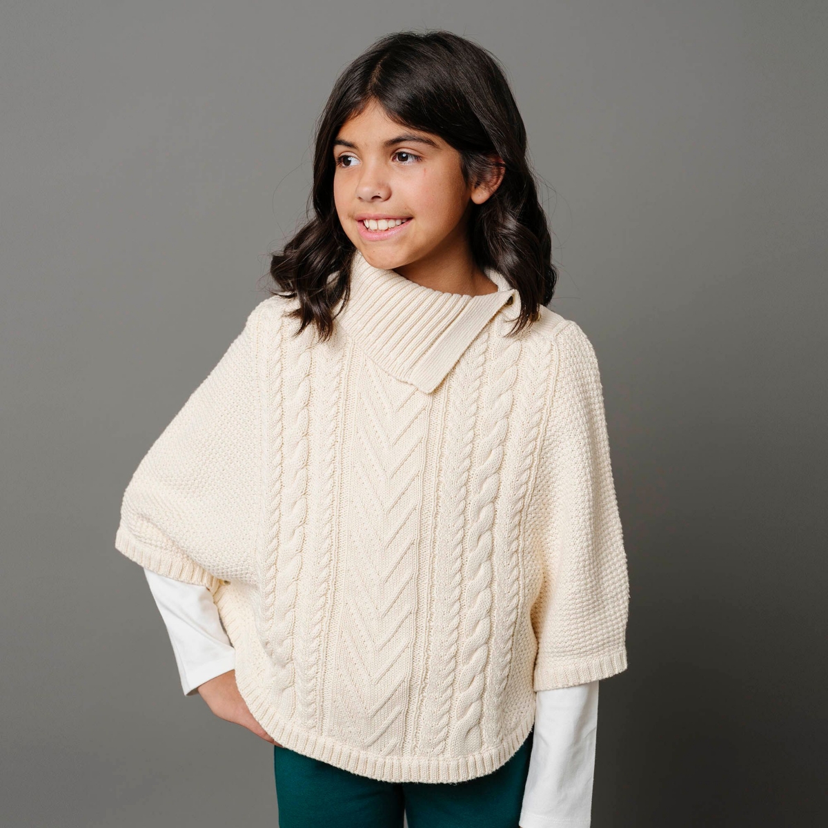 Hope & Henry Girls Organic Split Collar Cable Sweater Cape