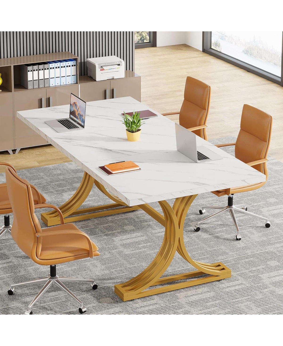 Tribesigns 2 Pcs Faux Marble Conference Table, 10.5FT Modern Meeting Table with Gold Legs for 8-10 People, Rectangle Seminar Boardroom Table for Offic