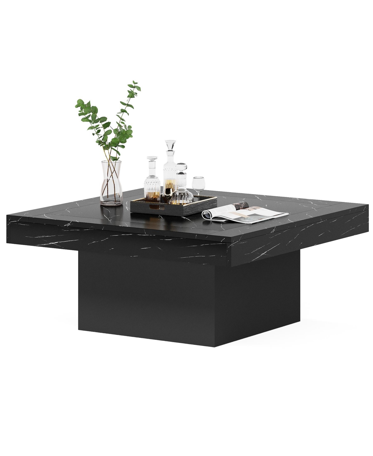 Tribesigns Led Coffee Table, Square Coffee Table Wood Low Coffee Table for Living Room - Faux marble black+black