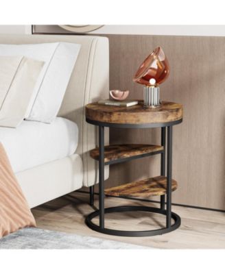Round End Table, Small End Table with 3 Storage Shelves,Industrial Wooden Sofa Side Table, Rustic Brown Nightstand and Bedside Table
