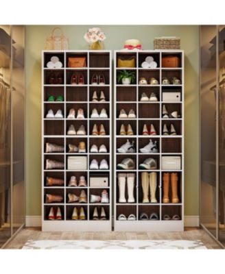 10-Tier Shoe Storage Cabinet, White and Brown Wooden Shoe Rack with 30 Cubbies, Freestanding Tall Entryway Shoe Organizer