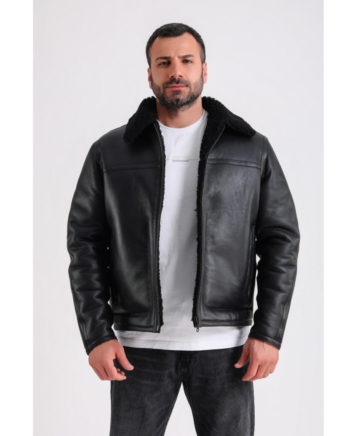 Men's Leather Shearling Jacket, Black - Black