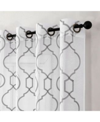 Transcendence 1 Piece Grommet Top Embroidered Sheer Trellis Clover Window Curtain Panel - Silver