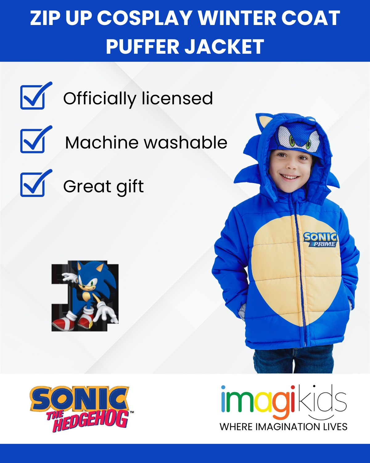 Sega Little Boys Sonic The Hedgehog Zip Up Winter Coat Puffer Jacket - sonic