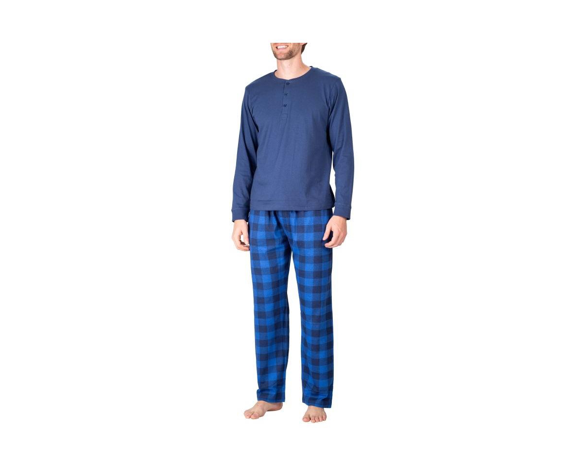 Men's Knit Long Sleeve Pajama Set - Sailor blue and blue buffalo check