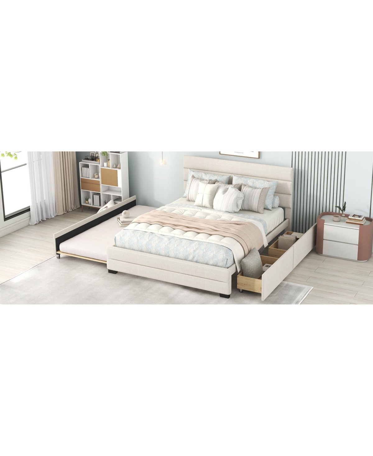 Slickblue Queen Upholstered Platform Bed with Twin Size Trundle and Two Drawers