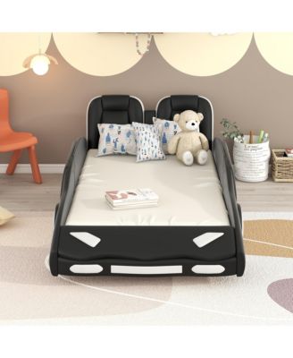 Twin Size Race Car-Shaped Platform Bed with Wheels for Kids