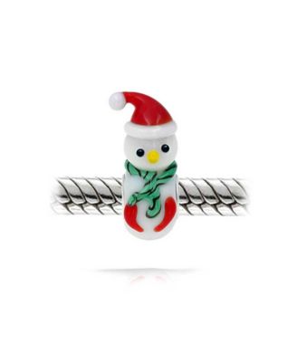 Christmas Holiday Snowman 3D Murano Glass Bead Charm Sterling Silver