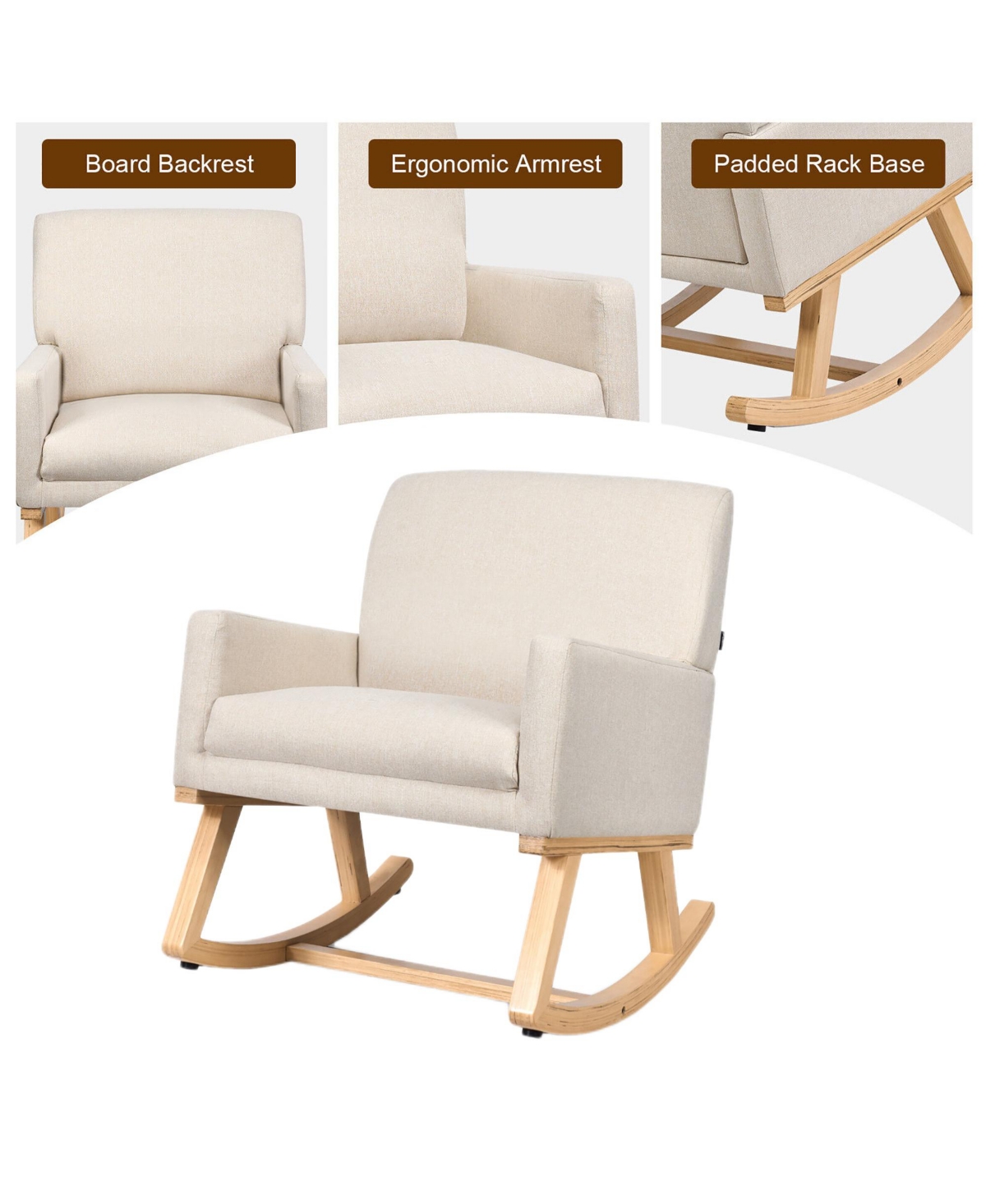 Gymax Mid Century Fabric Lounge Chair Upholstered Accent Armchair Rocking Chair Beige - Light beige+natural