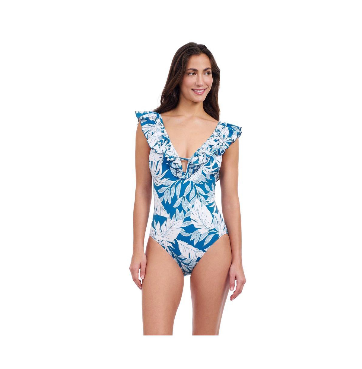 Profile by Gottex Women's Malaya Ruffle V Neck Deep Plunge One Piece