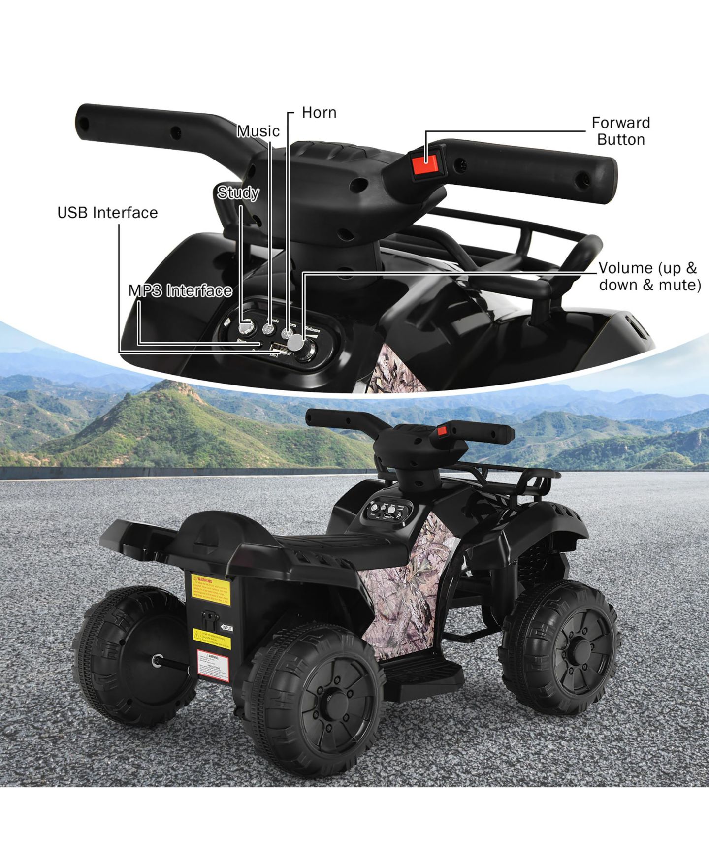 Детская игрушка Costway Kids ATV Quad Electric Ride-On Toy with LED Light, 44 lb. Capacity, Ages 18-36 Months, цвет: Чёрный — фото 9