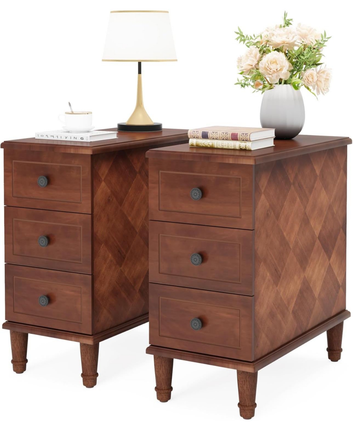 Solid Wood End Table, Fully Assembled Narrow Side Table with Drawers, Pre-Assembled Nightstand Slim Bedside Table for Small Spaces, Living