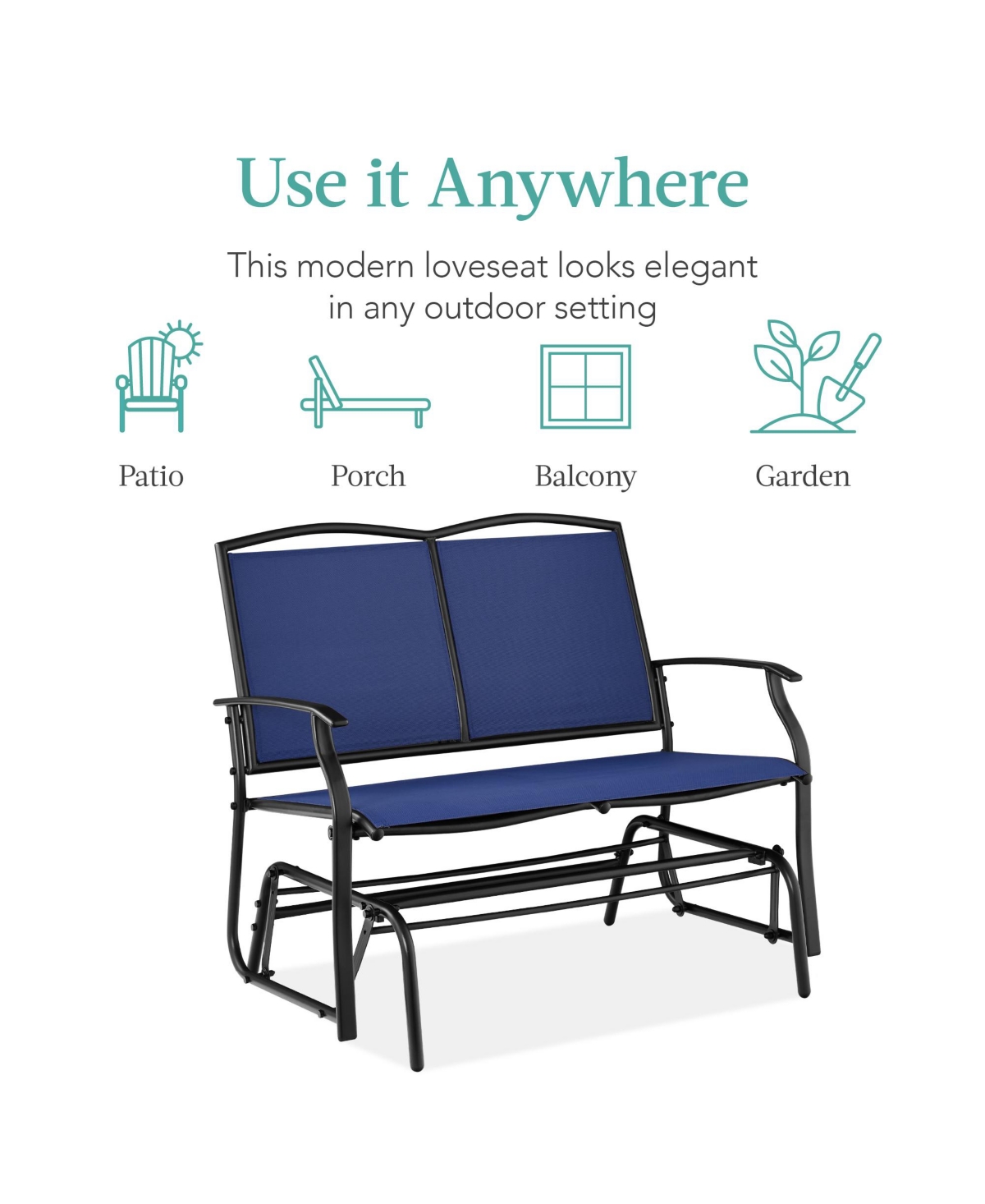 Best Choice Products 2-Person Outdoor Swing Glider, Steel Patio Loveseat, Bench Rocker w/ Armrests -black